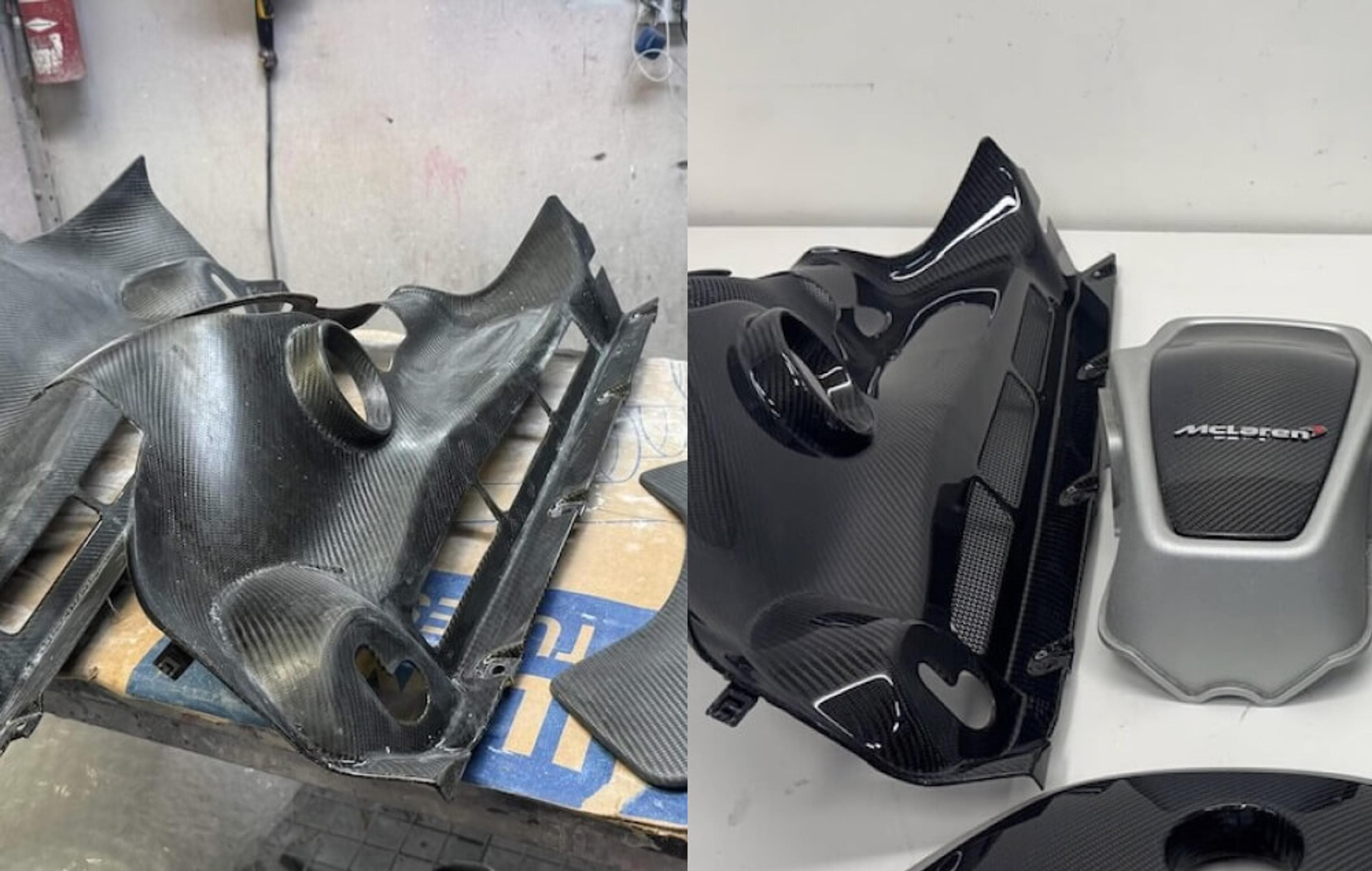 McLaren Engine Cover Before Repair and After Repair