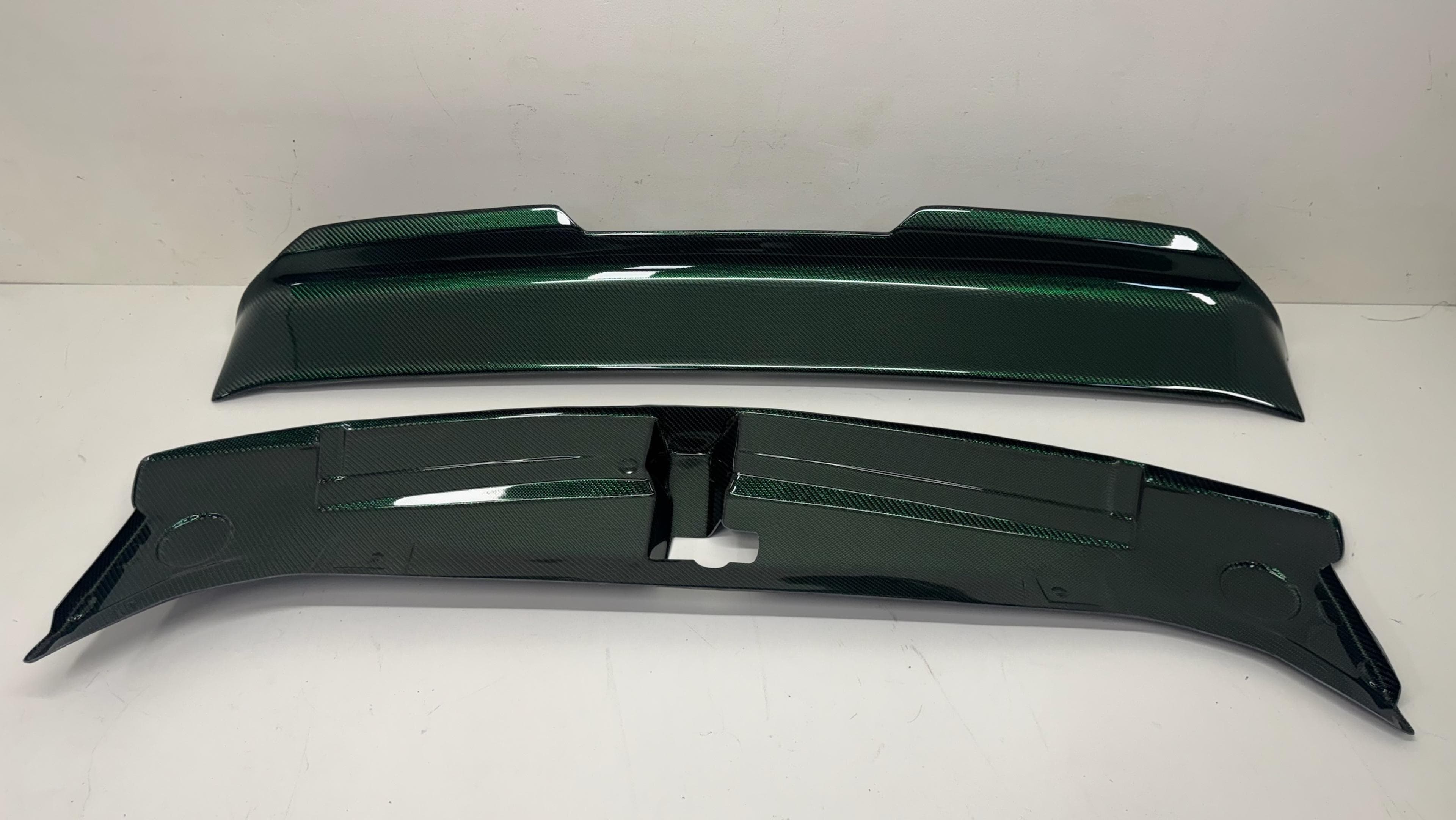 2016-2023 Dodge Challenger green reflective carbon fiber spoiler and radiator trim set.