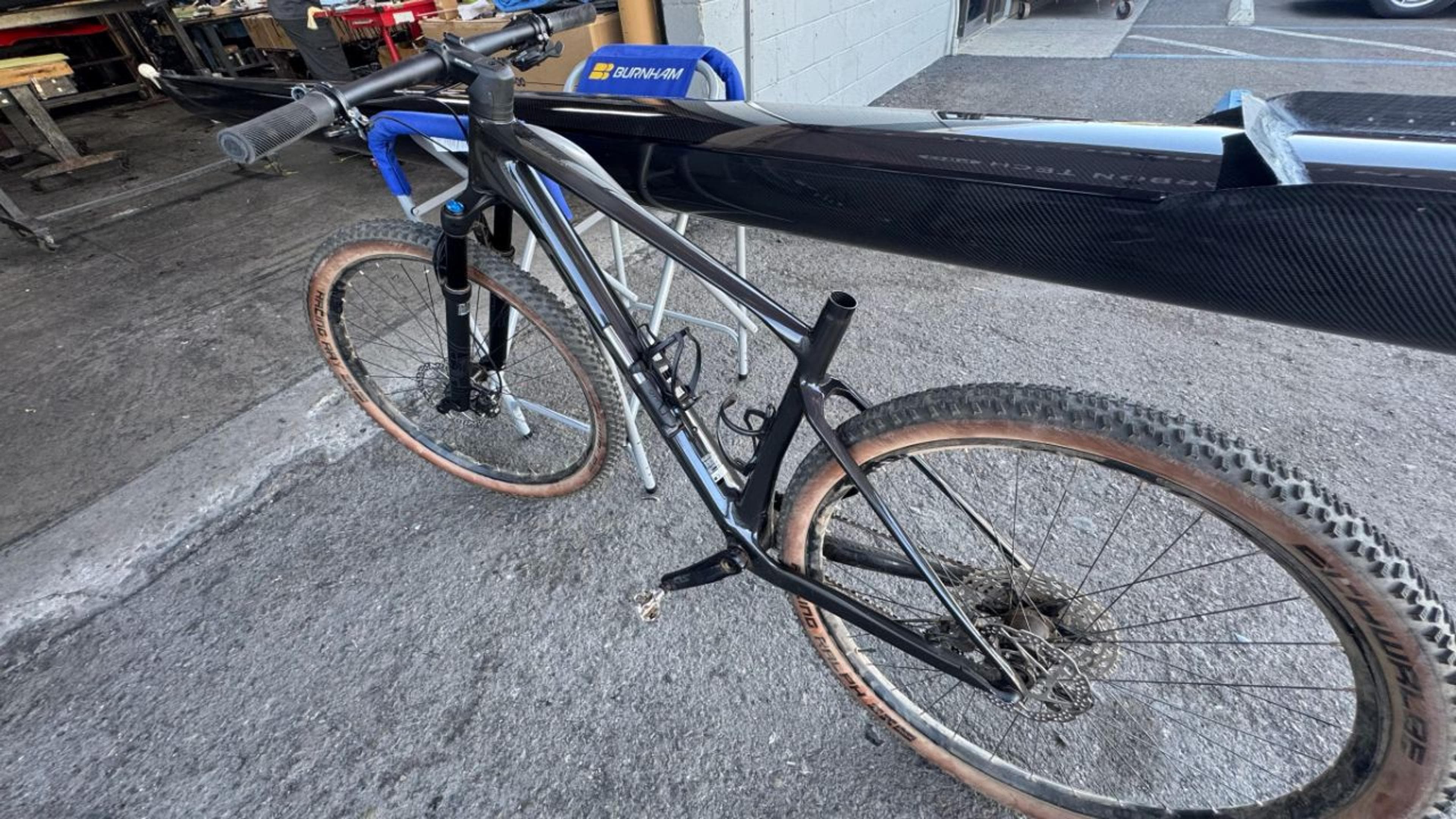 Rear three-quarter view of repaired Scott Scale RC carbon fiber mountain bike frame