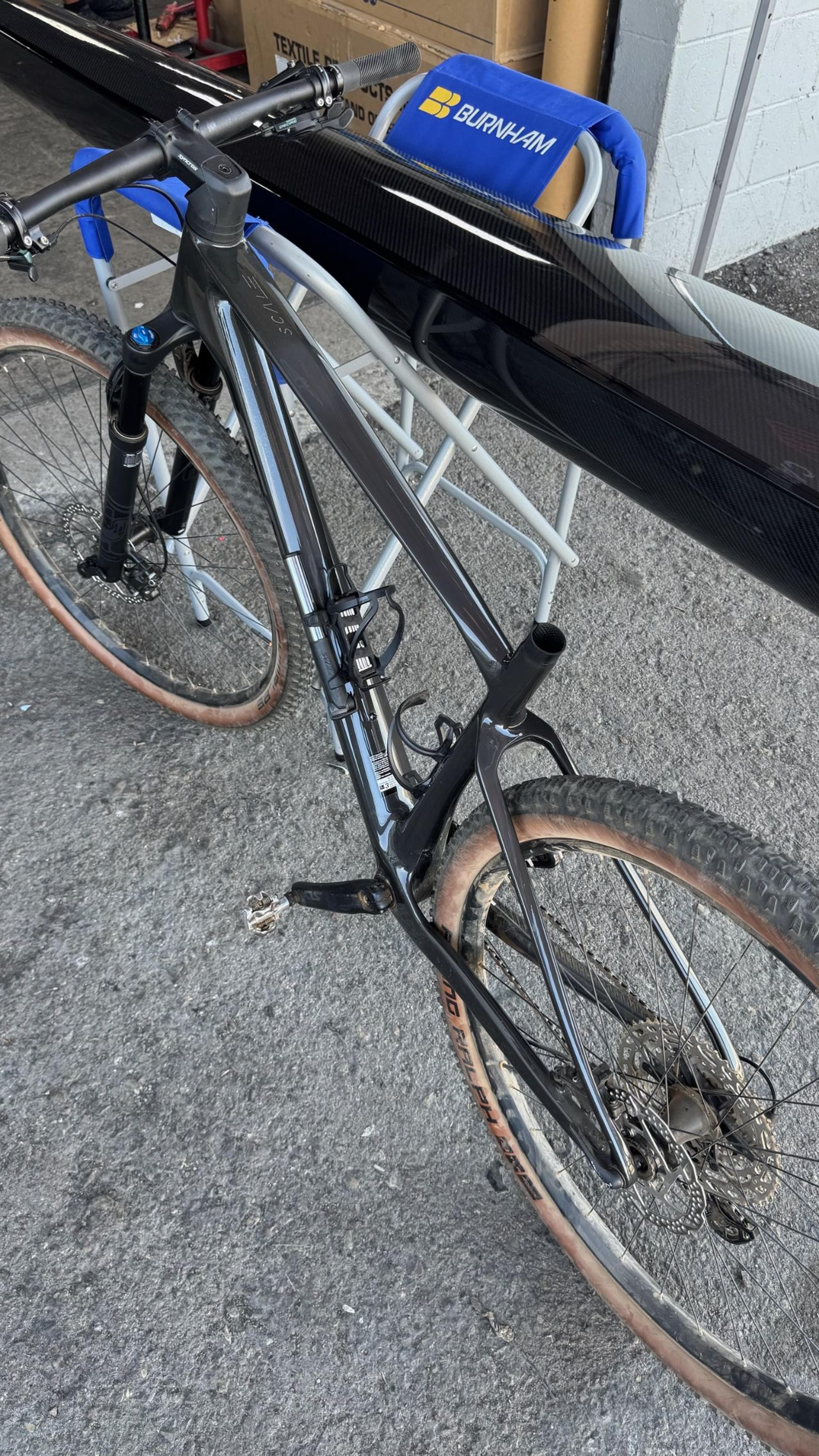 Overhead view of restored Scott Scale RC carbon fiber frame and glossy finish