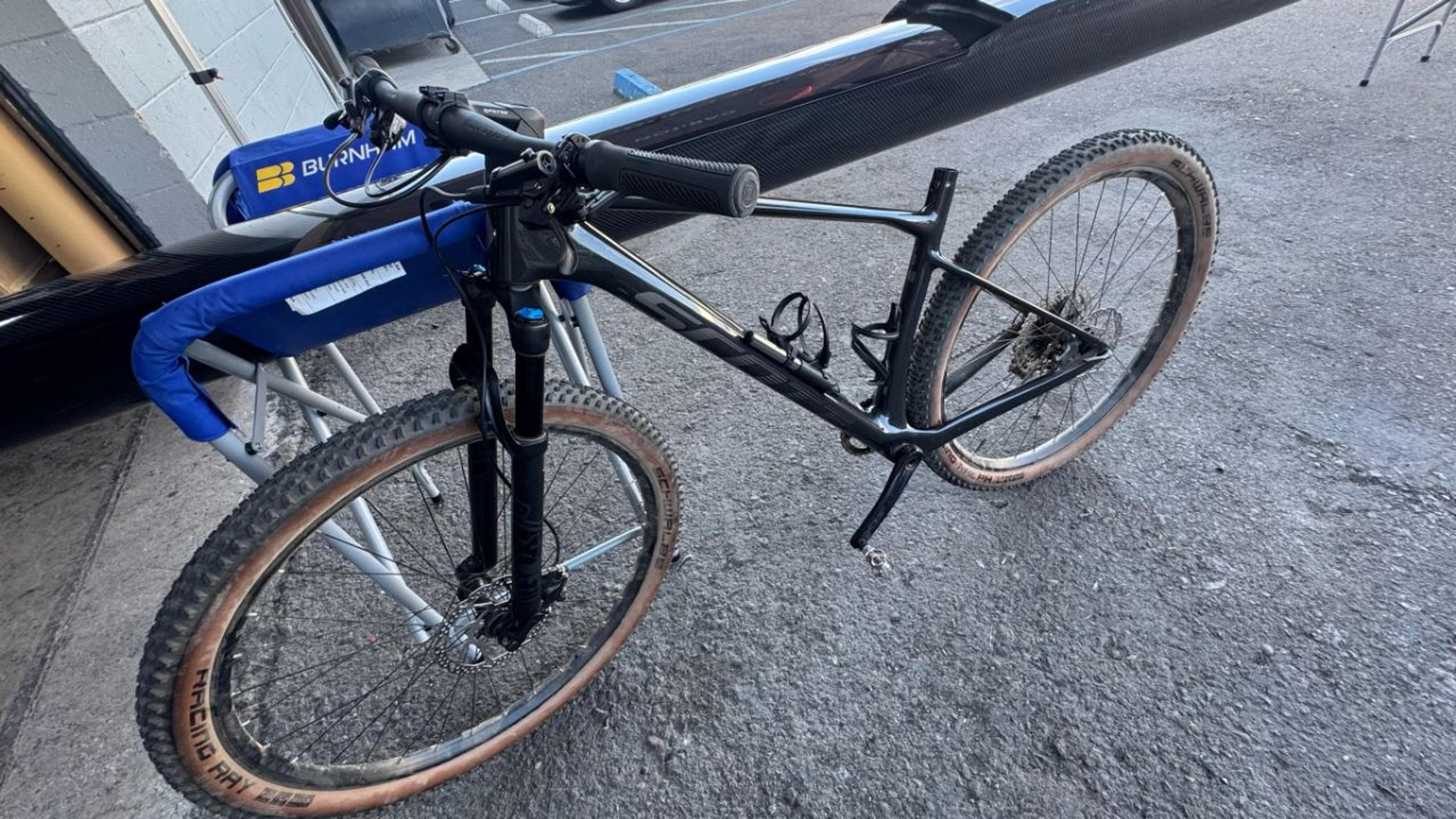 Front three-quarter view of repaired Scott Scale RC carbon fiber mountain bike